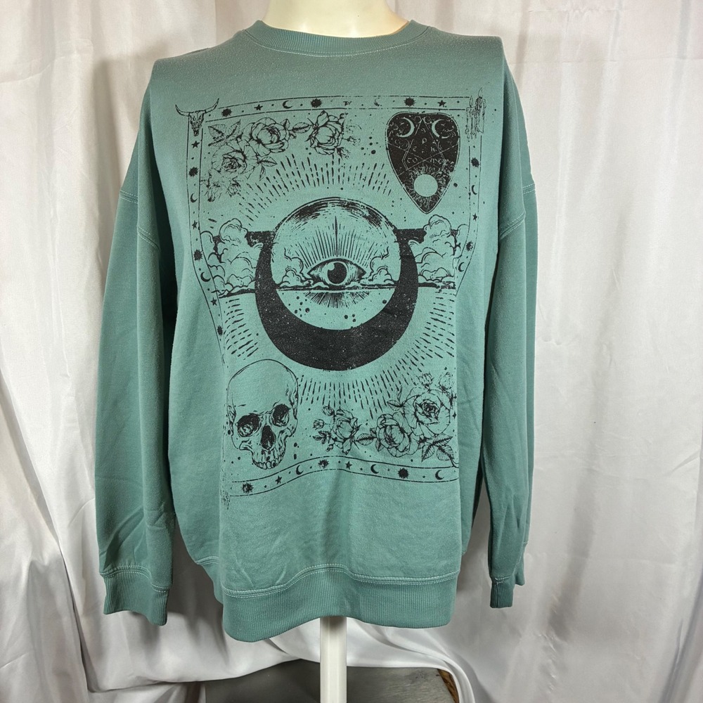 Zoe + Liv Sage Green Celestial Moon Skull Graphic Sweatshirt Large